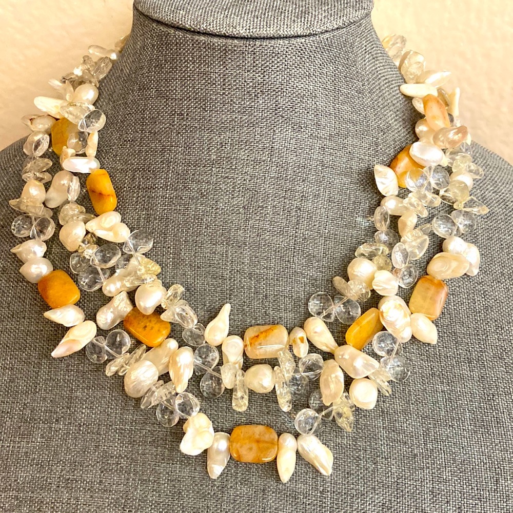 Vintage REAL Bubble Pearls Stones & Crystals 3 Strand Necklace